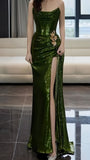 Strapless Green Sequin Prom Dress With Split, HZ0307