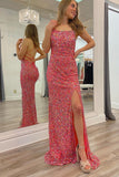 Straps Colored Sequin Mermaid Long Formal Dress with Lace Up HZ0307