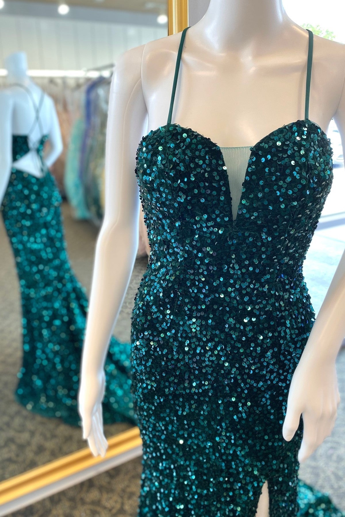 Straps Dark Green Sequin Mermaid Long Formal HZ0307