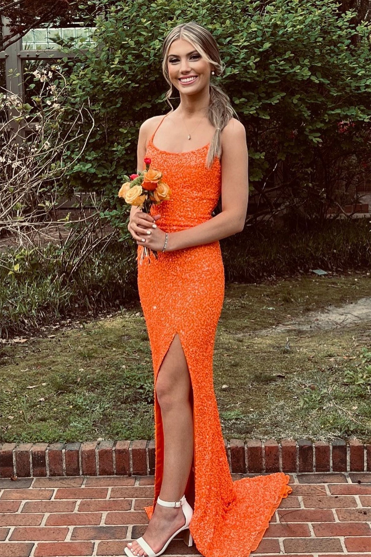Straps Orange Sequin Mermaid Long Formal HZ0307