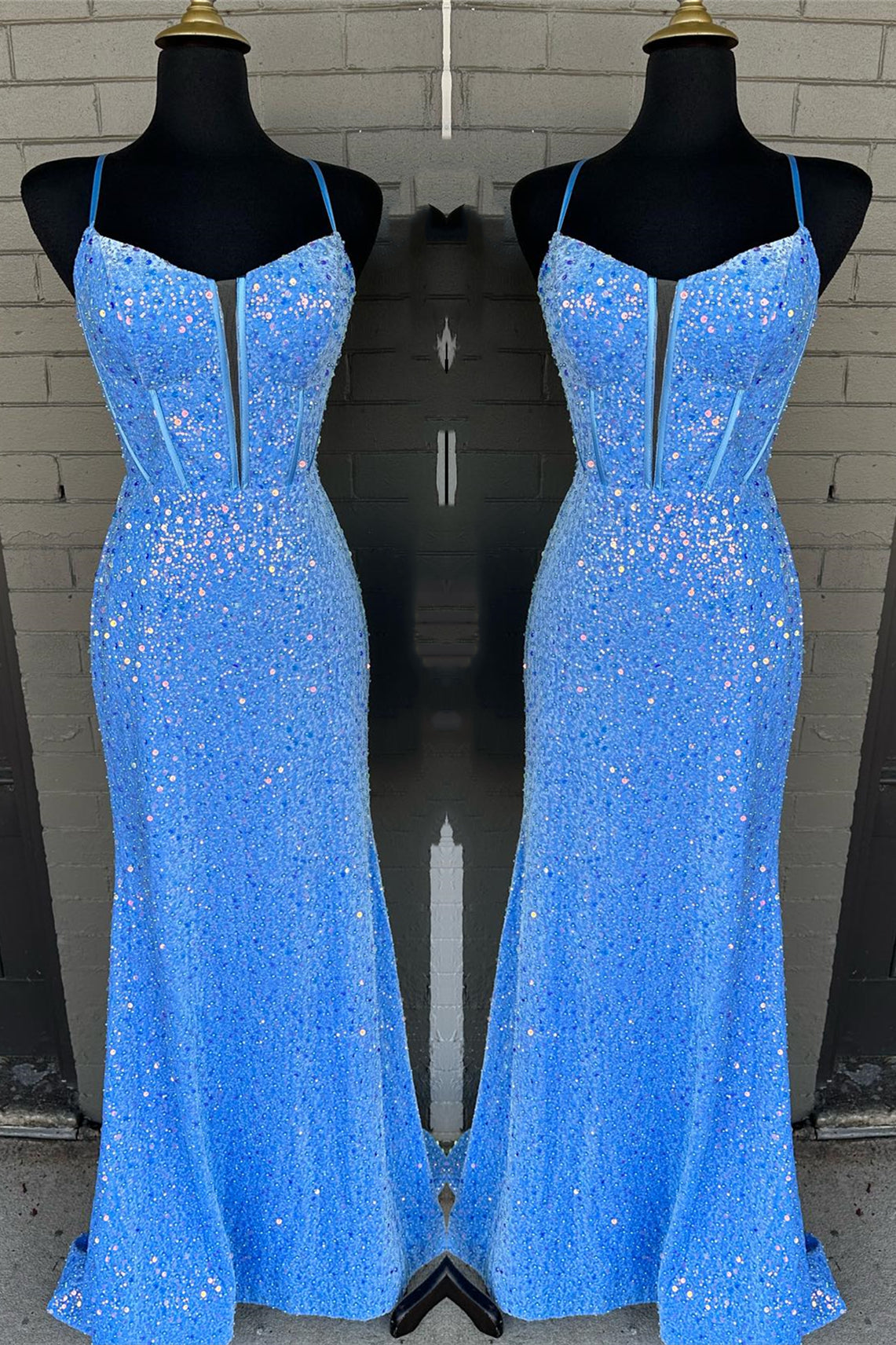 Straps Royal Blue Sequin Mermaid Long Formal Dress with HZ0307