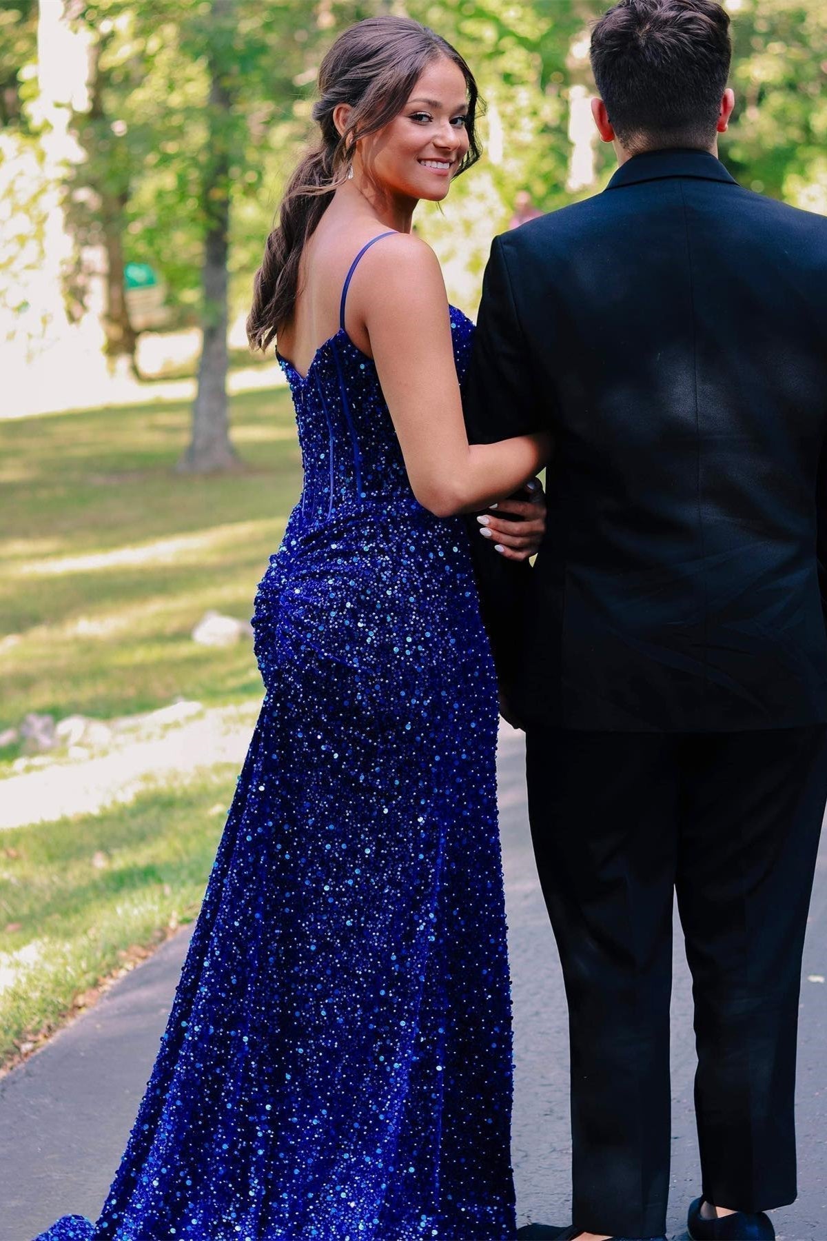 Straps Royal Blue Sequin Mermaid Long Formal Dress with HZ0307