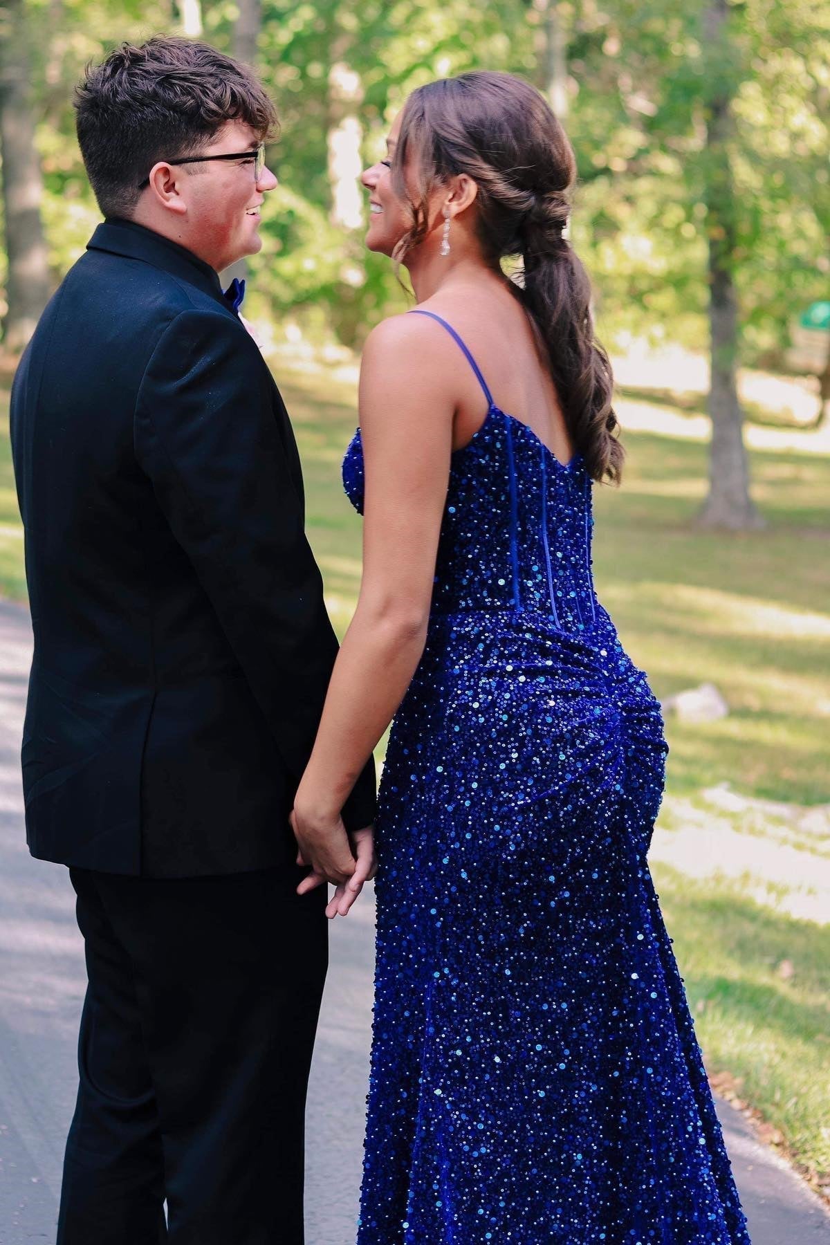 Straps Royal Blue Sequin Mermaid Long Formal Dress with HZ0307