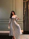 Stunning A line Square Neckline Long Sleeves Chiffon Blue Date Night Dress Prom Dresses Birthday Party Outfit, HZ0307