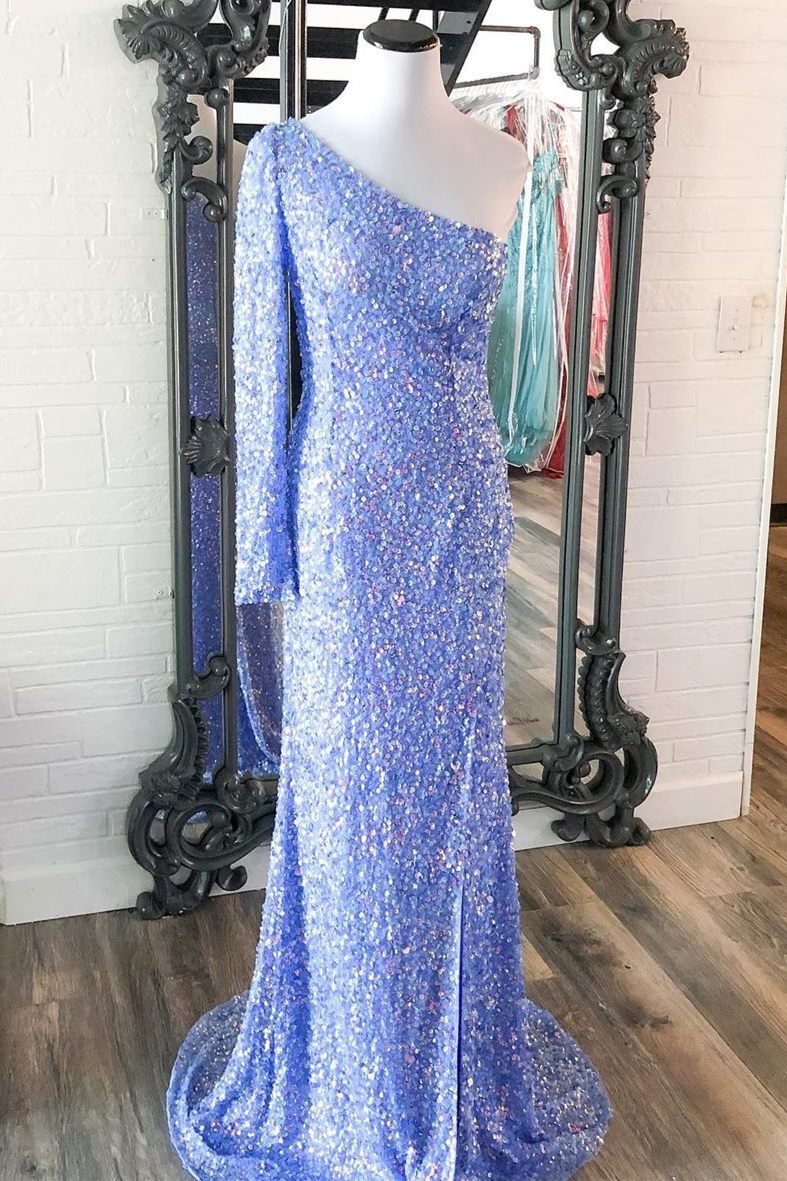 Stunning Light Purple Sequins Mermaid One Sleeve Prom HZ0307