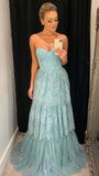 Sweetheart Blue Lace Prom Dress, Ruffle Long Evening HZ0307