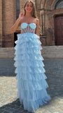Sweetheart Light Blue A-Line Prom Dress, Ruffle Evening Dress, HZ0307
