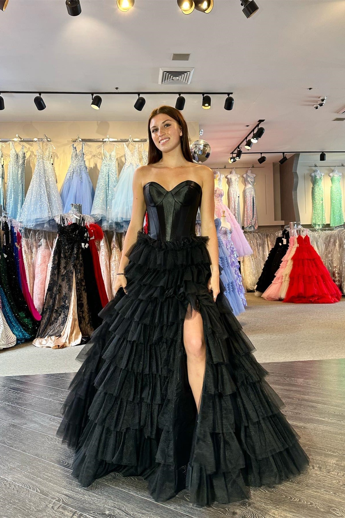 Sweetheart Corset Black Tiered Ruffles Long Formal HZ0307