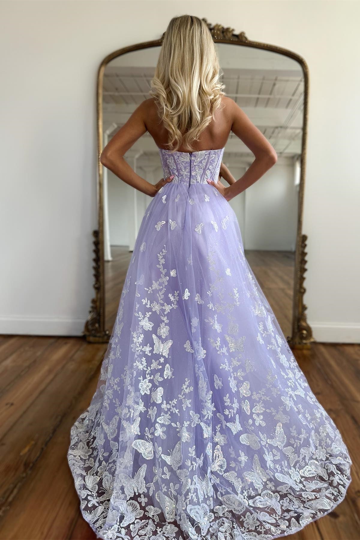 Sweetheart Lavender and White Lace A-line Long Prom HZ0307