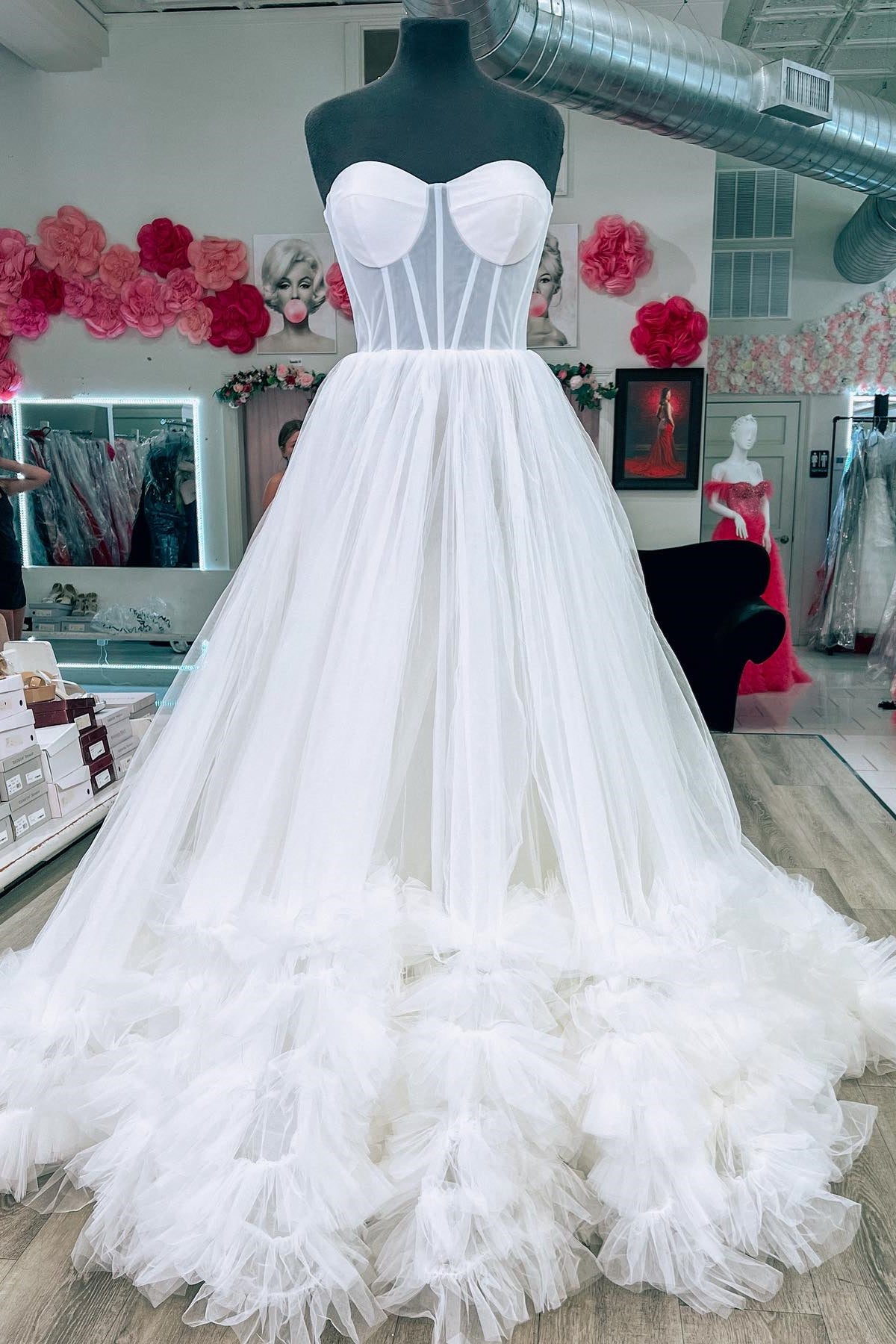 Sweetheart White Corset Ruffles Long Formal HZ0307