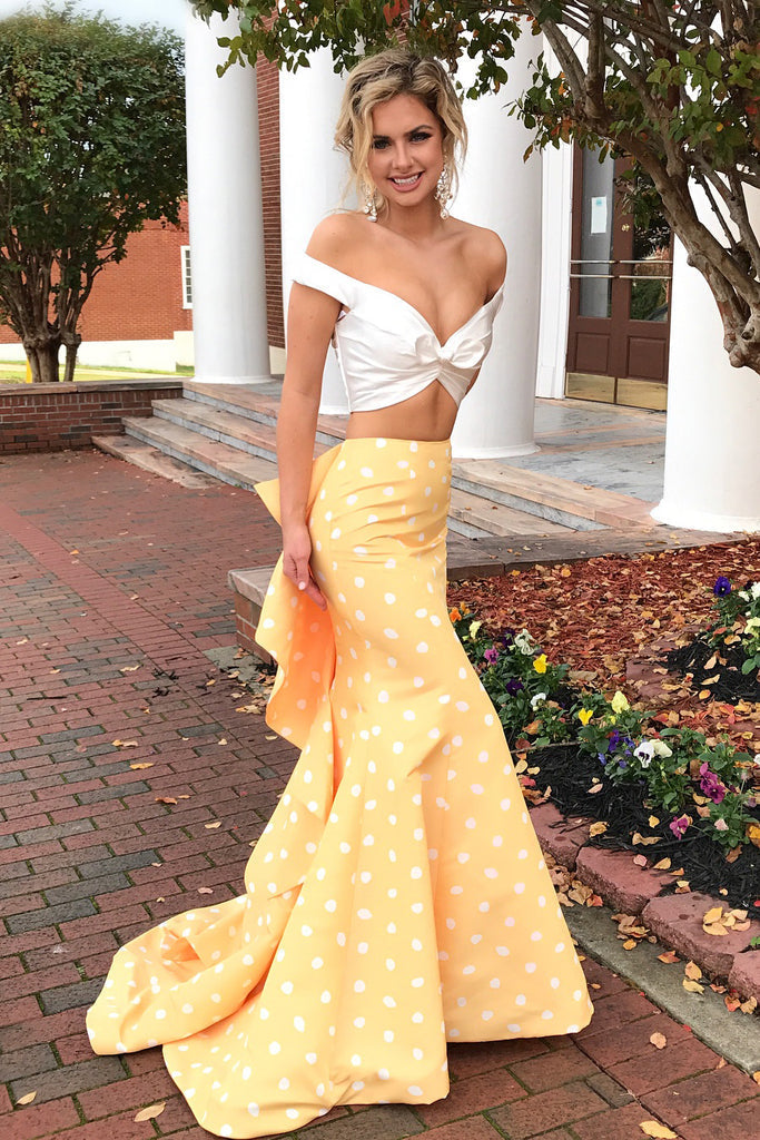 LTP0785,Two pieces prom dress,off the shoulder prom dresses,yellow evening HZ0307