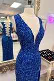 V Neck Blue Sequin Lace Up Back Long HZ0307