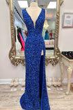 V Neck Blue Sequin Lace Up Back Long HZ0307