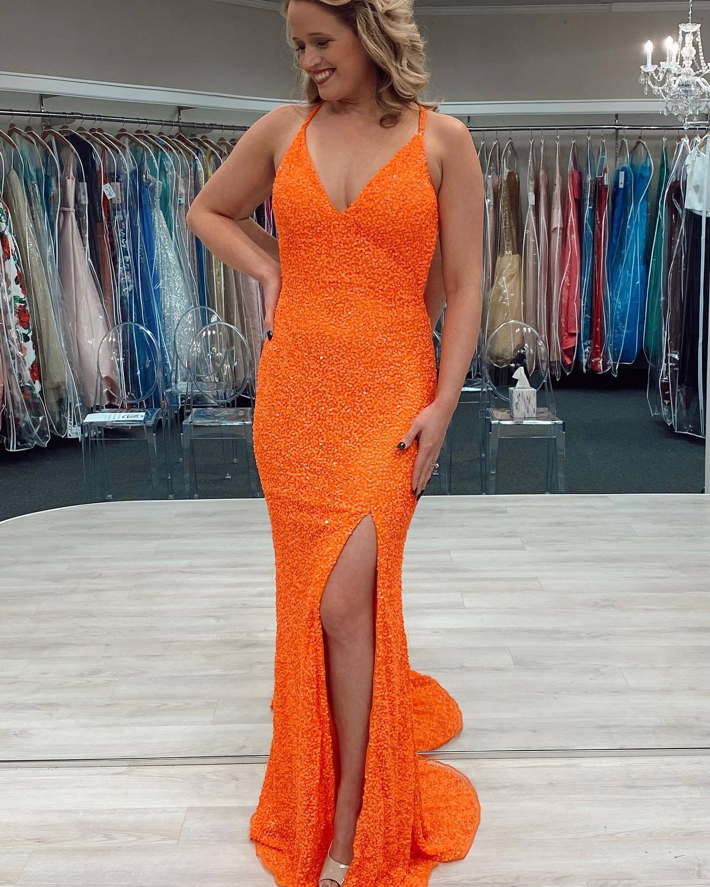 V Neck Sequins Mermaid Long Formal Dress with Cross HZ0307