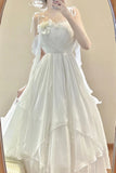 Vintage A line Spaghetti Straps White Floral Long Birthday Dresses Prom Dress Chiffon Birthday Outfits HZ0307