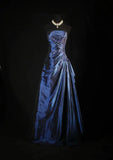 Vintage Ball Gown Strapless Navy Blue Satin Long Prom Dresses Party Dress HZ0307