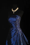 Vintage Ball Gown Strapless Navy Blue Satin Long Prom Dresses Party Dress HZ0307