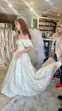 Vintage Off The Shoulder Wedding Gown Floral Print Bridal HZ0307
