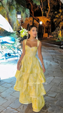 Vintage Pastel Yellow Floral Ruffle Tiered A-Line Long Party Dress Prom HZ0307