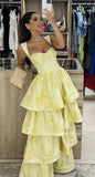 Vintage Pastel Yellow Floral Ruffle Tiered A-Line Long Party Dress Prom HZ0307