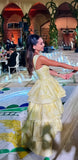 Vintage Pastel Yellow Floral Ruffle Tiered A-Line Long Party Dress Prom HZ0307