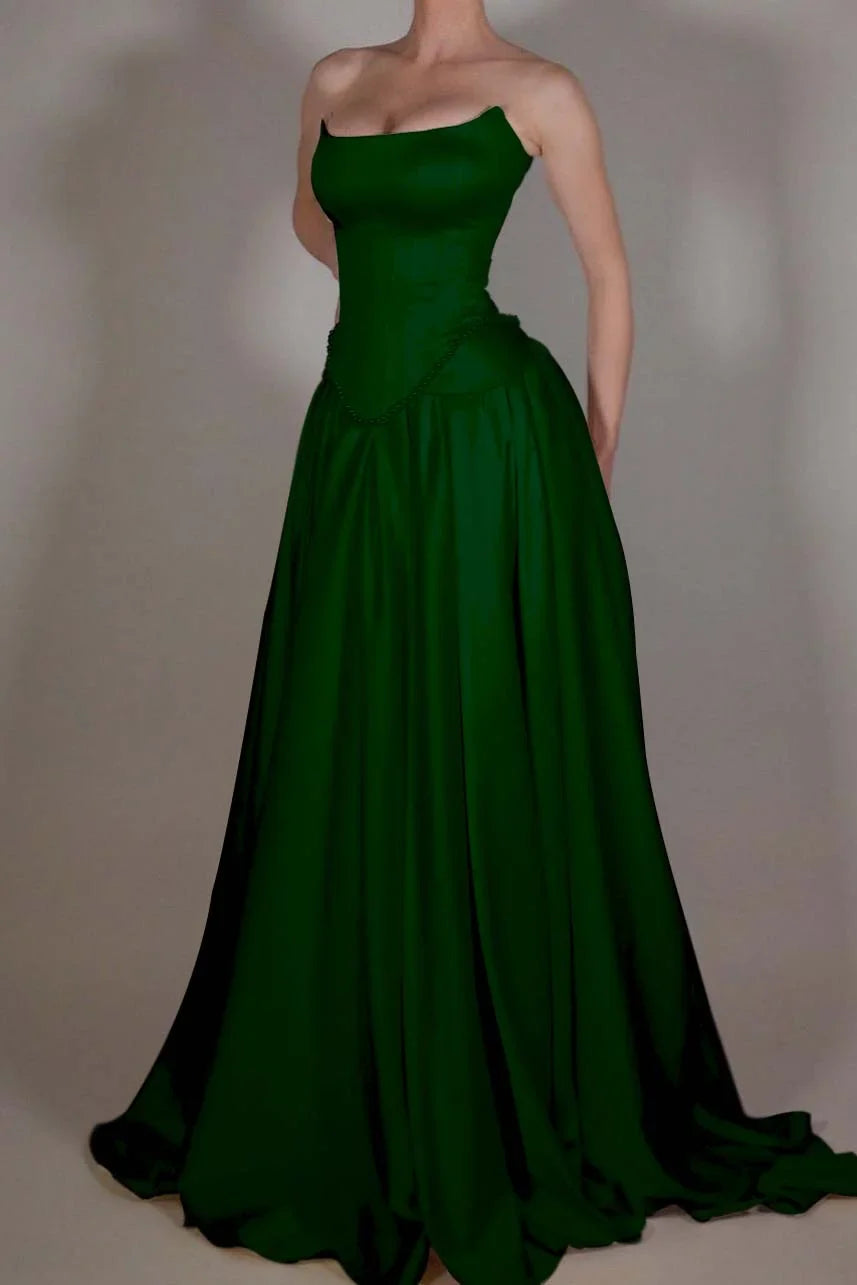 Vintage Off White Strapless Wedding Dress, Pearl Beaded Satin A-line Prom HZ0307