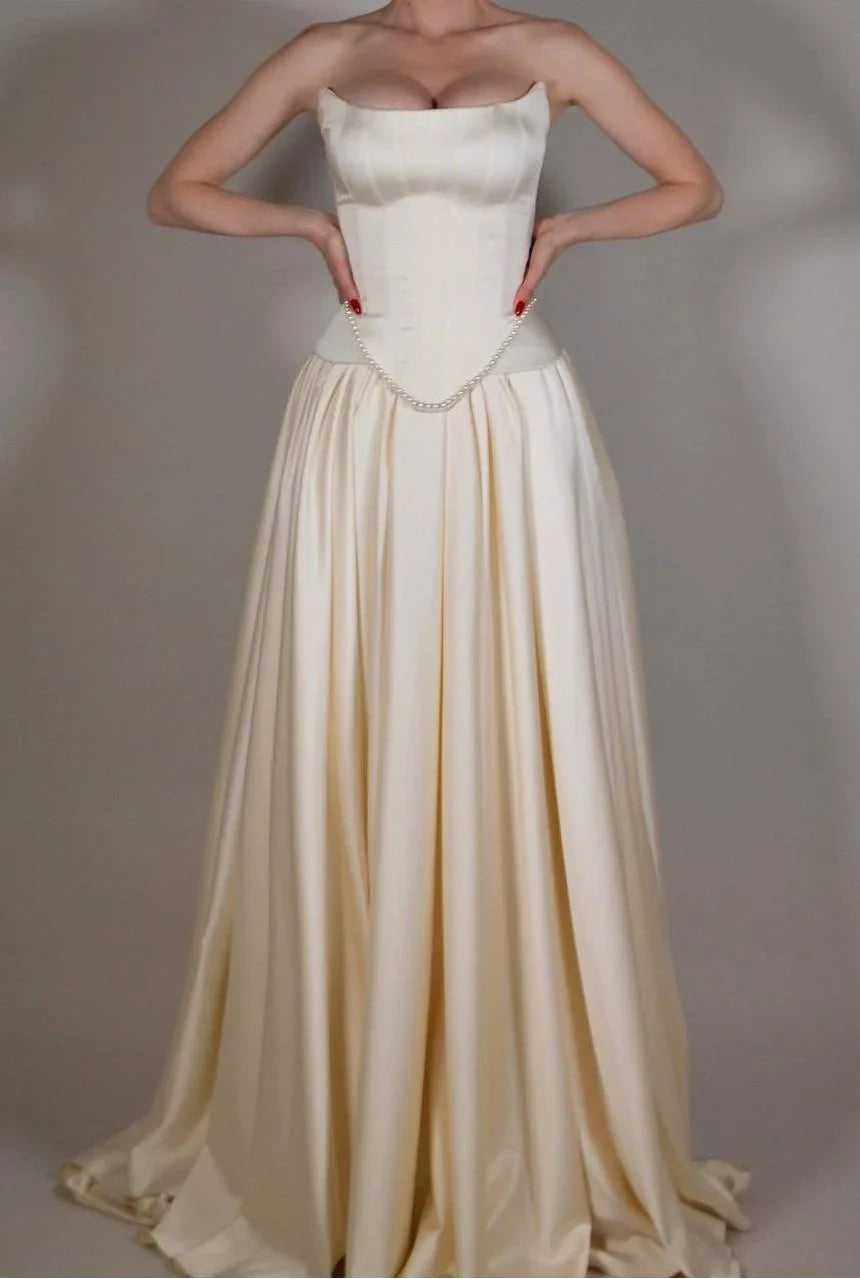 Vintage Off White Strapless Wedding Dress, Pearl Beaded Satin A-line Prom HZ0307