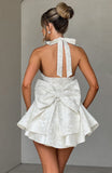 White Floral A-line Homecoming Dresses Halter V-neck Wedding Reception Dress, HZ0307