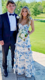 White Blue Floral Prom Dress - A-Line Long Evening HZ0307