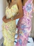 Yellow Floral Slim V-Neck Long Prom Dresses Spaghetti Straps Evening Party HZ0307