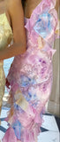 Yellow Floral Slim V-Neck Long Prom Dresses Spaghetti Straps Evening Party HZ0307