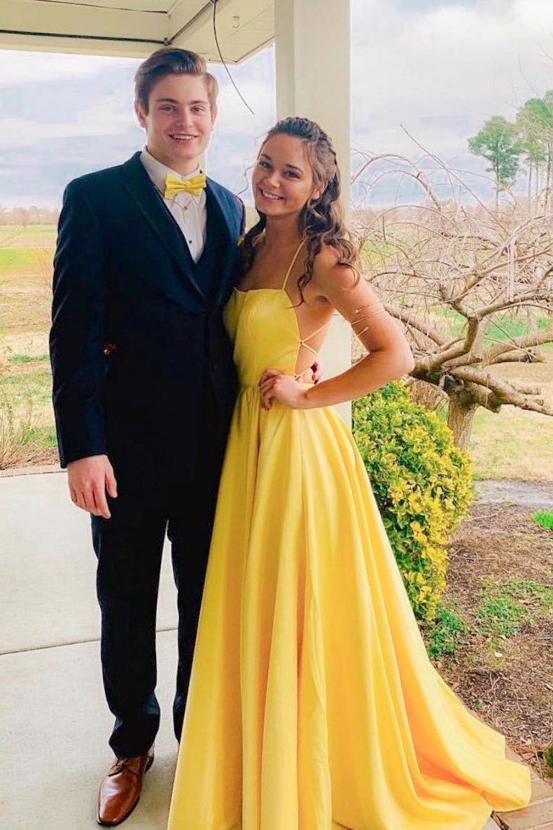 Yellow Satin Open Back Prom Dress - Long Evening HZ0307