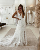 LTP0801,Gorgeous A-Line V Neck Satin Lace Wedding Dresses with Split Long Wedding HZ0307