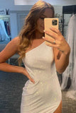 LTP0792,Glitter One Shoulder White Slit Fitted Party HZ0307