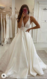 White v neck satin lace long prom dress evening HZ0307