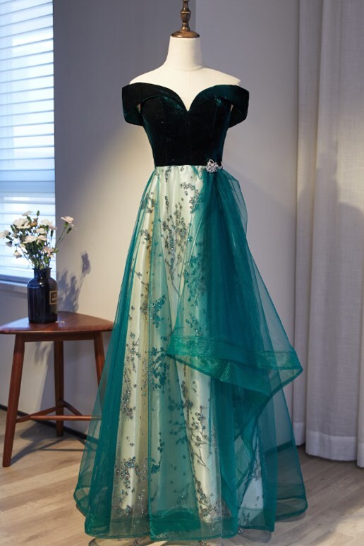 Off the Shoulder Green Long Formal HZ0307