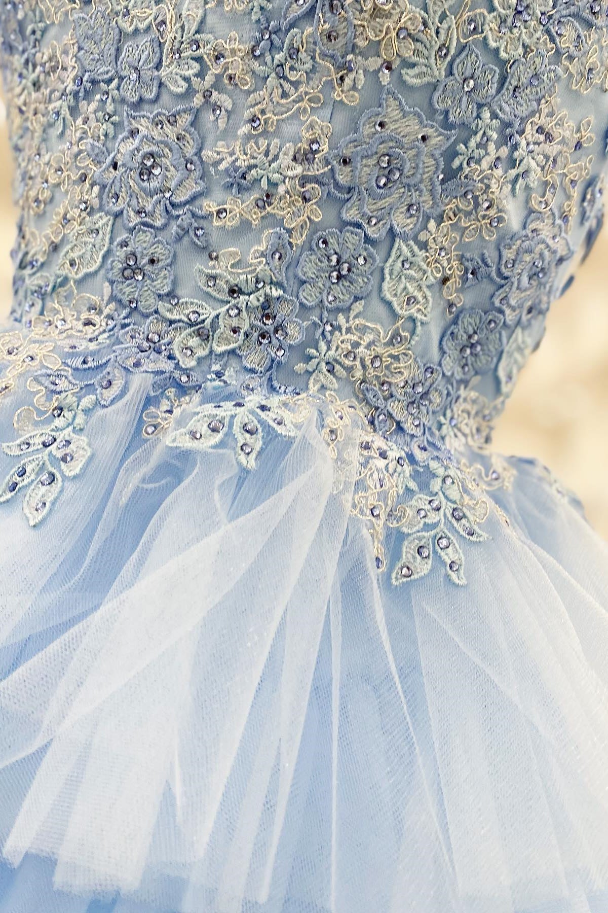 Blue Tiered Layers Lace Appliques A-line Long Formal HZ0307