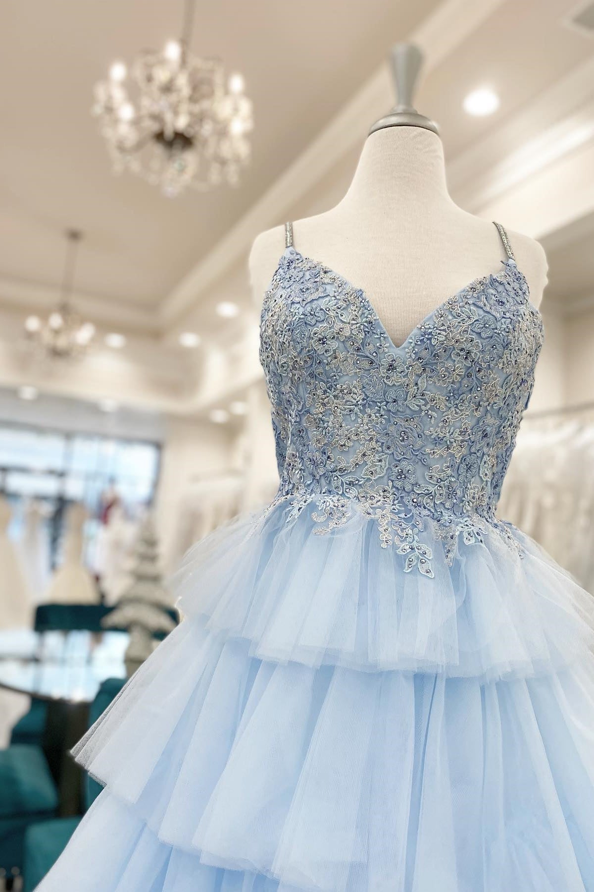 Blue Tiered Layers Lace Appliques A-line Long Formal HZ0307