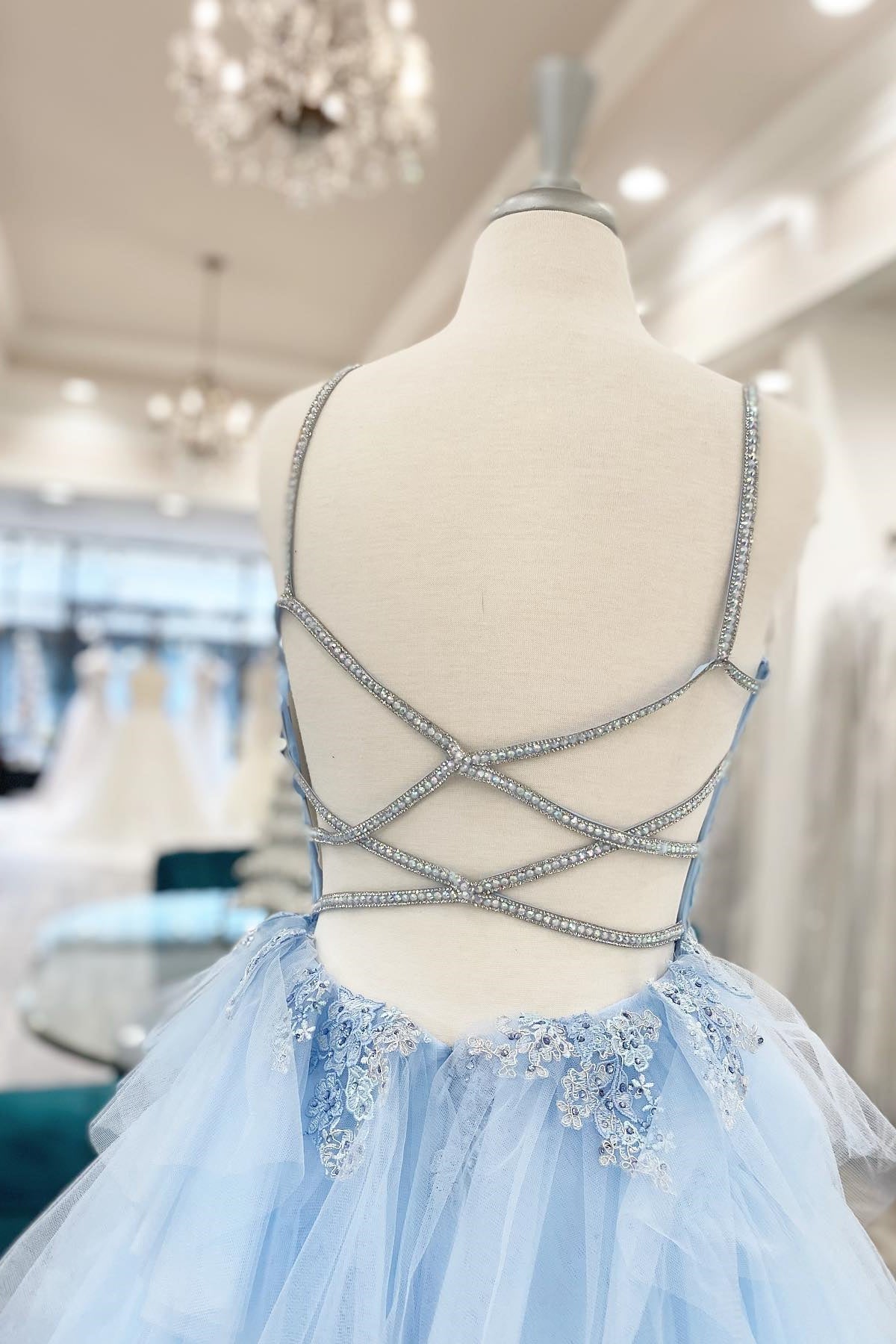 Blue Tiered Layers Lace Appliques A-line Long Formal HZ0307