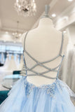 Blue Tiered Layers Lace Appliques A-line Long Formal HZ0307