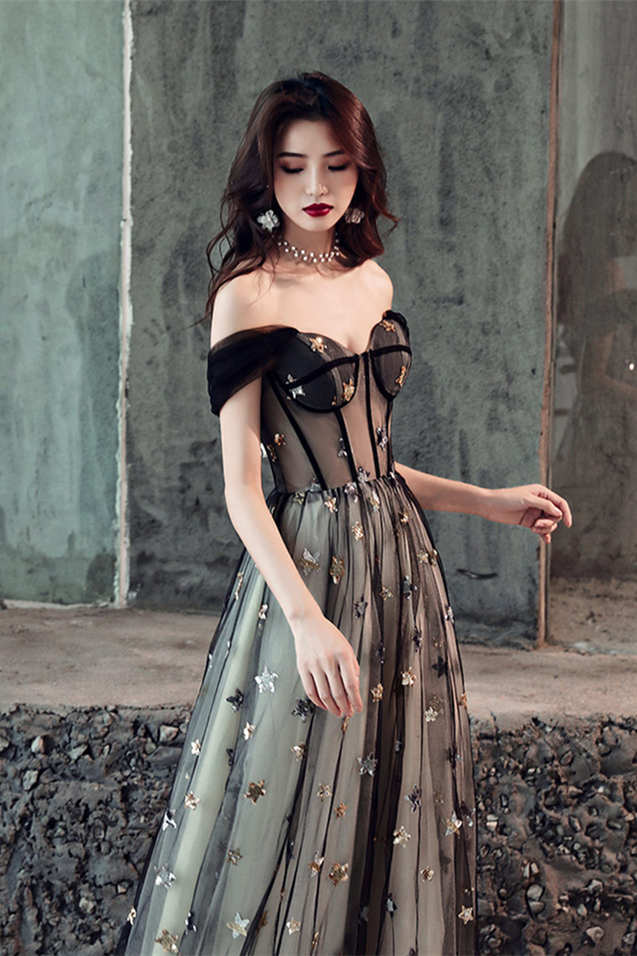 Off the Shoulder Black Long Party Dress with HZ0307