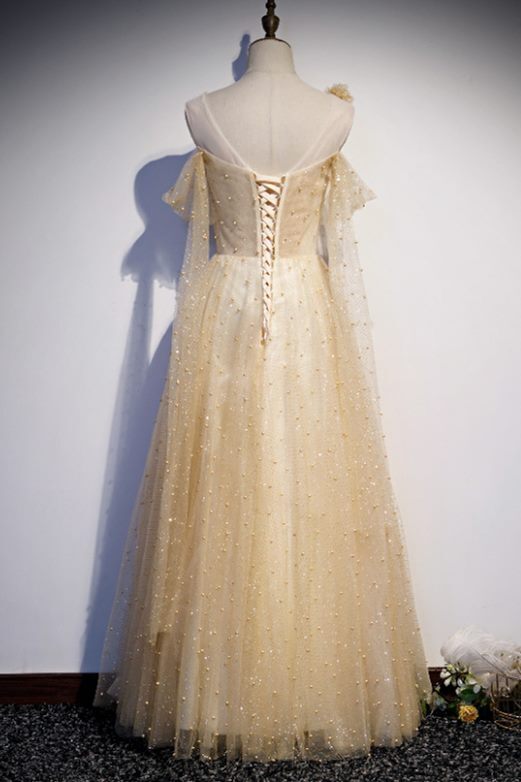 Gorgeous A-line Champagne Pearls Long Prom HZ0307