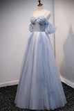 Light Blue Off the Shoulder Tulle Long Prom HZ0307