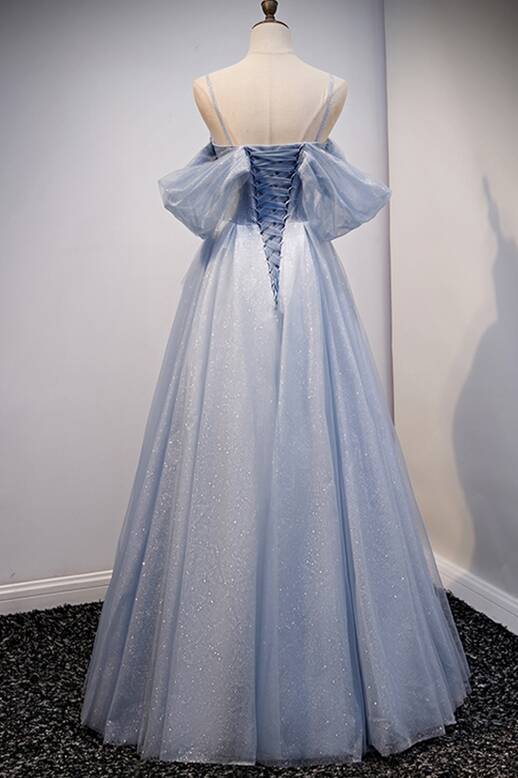Light Blue Off the Shoulder Tulle Long Prom HZ0307