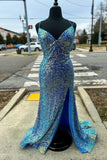 Blue Sequin Straps Mermaid Long Party Dress with HZ0307
