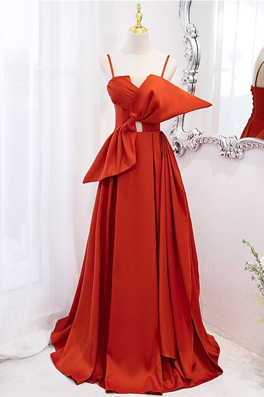 Orange Spaghetti Straps Knotted Satin A-line Long HZ0307