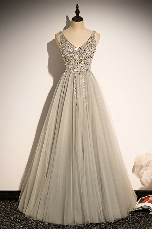 Classic A-line Grey and Silver Sequins Formal HZ0307