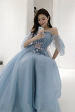 Straps Blue and Floral Embroidered Long Formal HZ0307