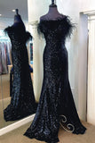 Fur Off the Shoulder Black Sequin Mermaid Long Formal HZ0307