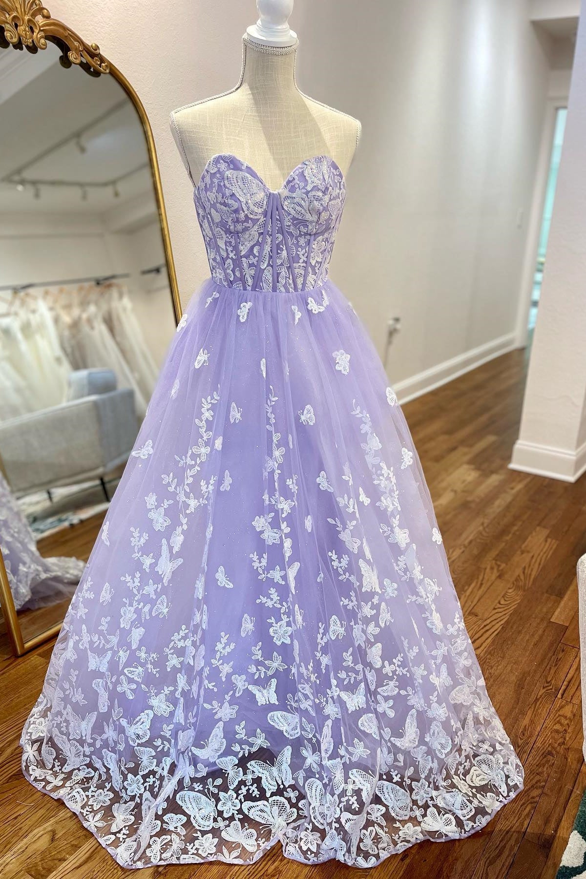 Sweetheart Lavender and White Lace A-line Long Prom HZ0307